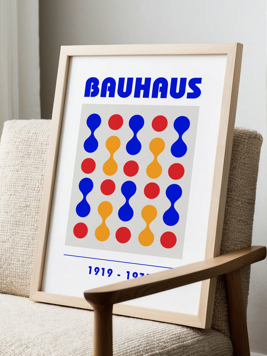 Bauhaus geometric poster featuring 5x5 grid of blue, red and yellow circles, displayed in modern living room setting