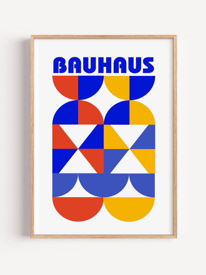 Bauhaus geometric poster featuring bold blue typography above symmetrical, close-up showing print texture and color detail