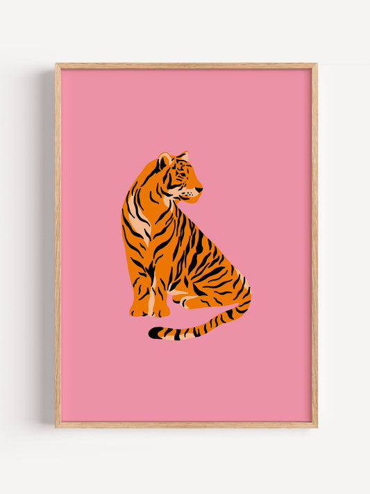 Bengal tiger illustration in orange and gold tones seated against vibrant pink, close-up showing print texture and color d...