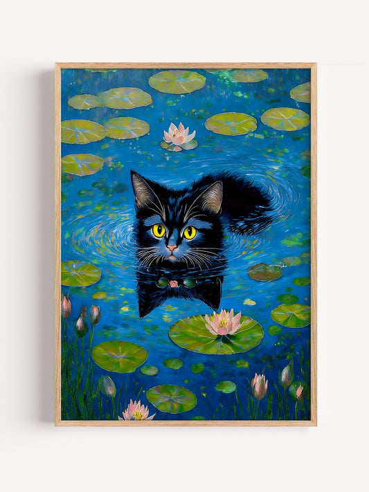 Black cat wearing sunglasses and bow tie swimming among water lilies and pink, close-up showing print texture and color de...