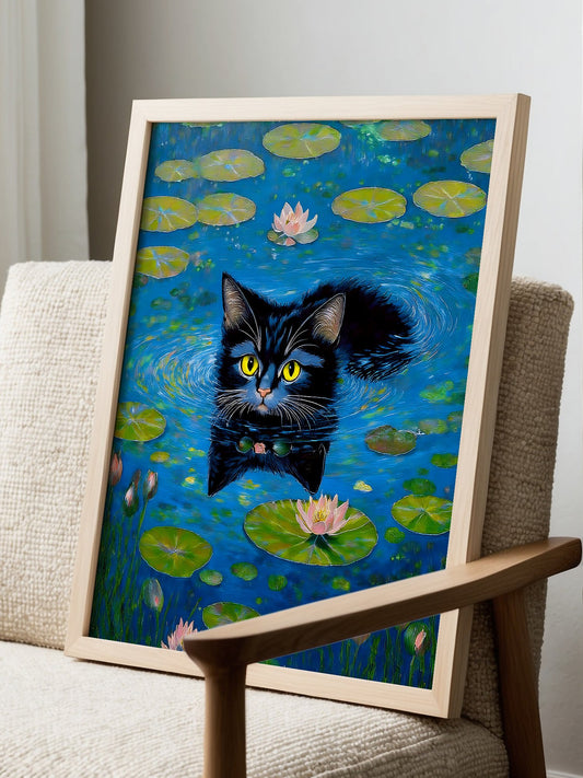 Black cat wearing sunglasses and bow tie swimming among water lilies and pink, displayed in modern living room setting