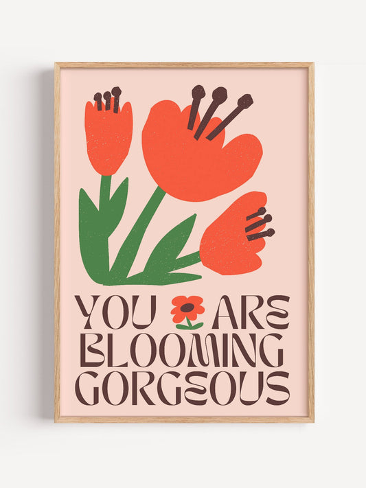 Motivational wall art print featuring red-orange flowers with hand motifs and, close-up showing print texture and color de...
