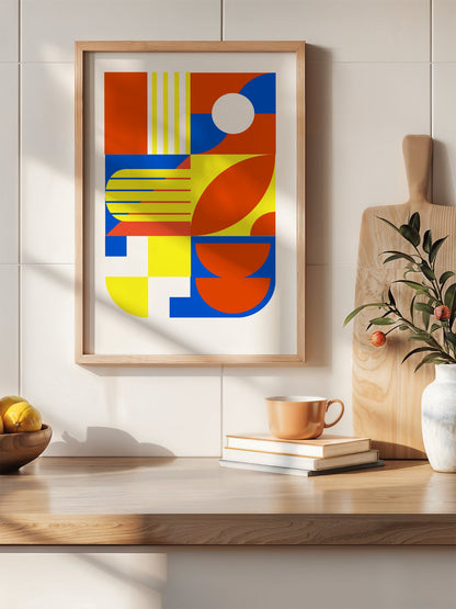 Abstract geometric wall art with interlocking orange, blue and yellow shapes, hanging in contemporary bedroom interior