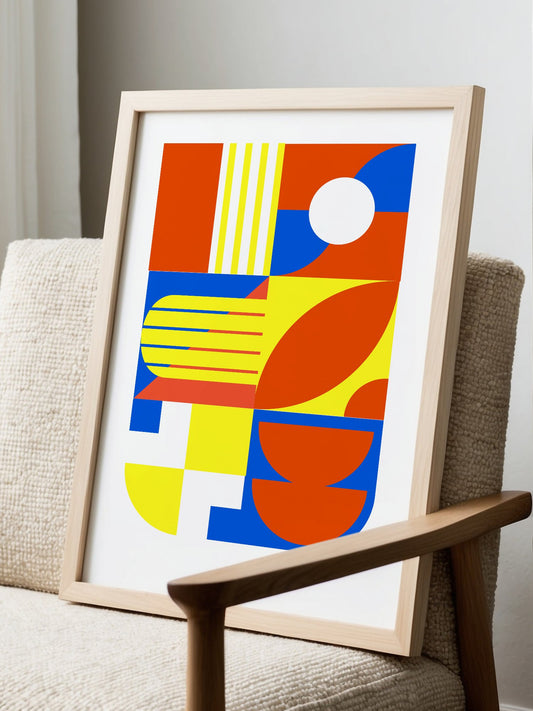 Abstract geometric wall art with interlocking orange, blue and yellow shapes, displayed in modern living room setting
