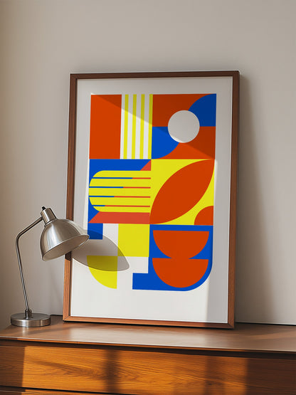 Abstract geometric wall art with interlocking orange, blue and yellow shapes, displayed in modern living room setting