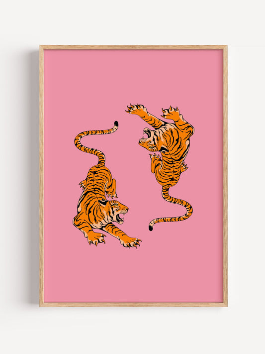 Two tigers in dynamic fighting poses with bold black outlines on vibrant pink, close-up showing print texture and color de...