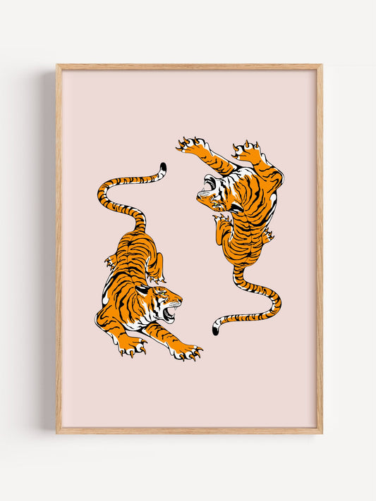 Three orange and black striped tigers in dynamic poses climbing roaring and, close-up showing print texture and color detail