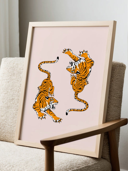 Three orange and black striped tigers in dynamic poses climbing roaring and, displayed in modern living room setting