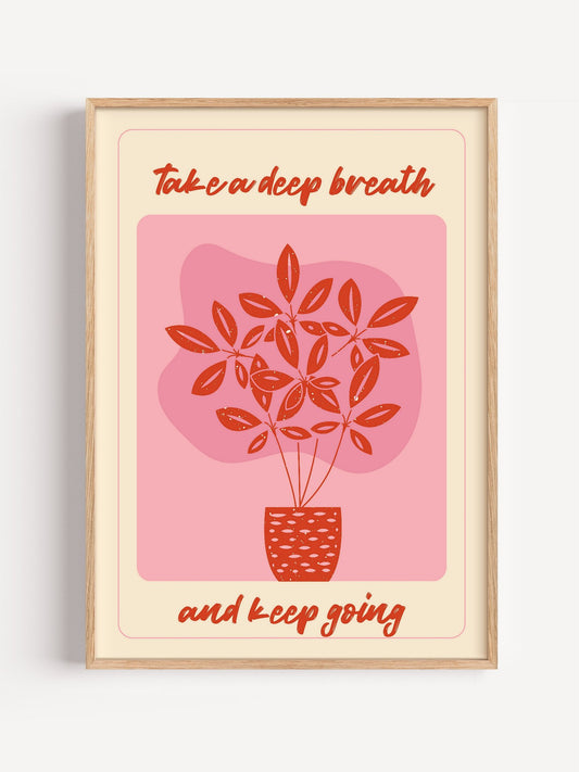 Illustrated potted plant with rust-red leaves on pink background, motivational, close-up showing print texture and color d...