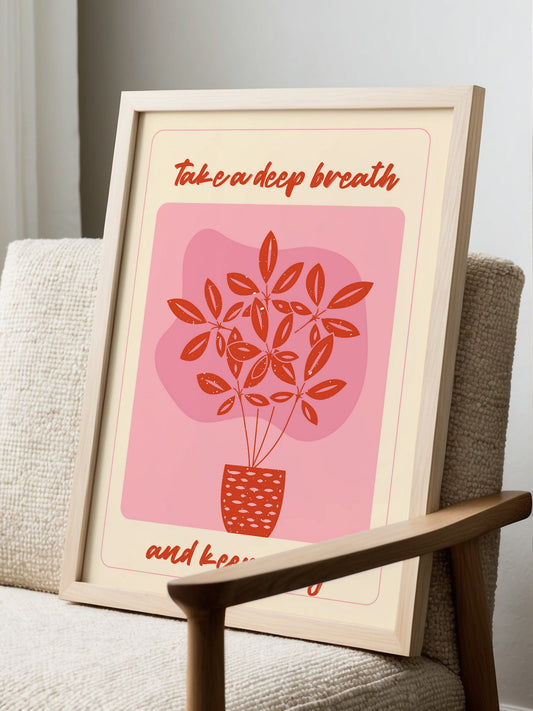Illustrated potted plant with rust-red leaves on pink background, motivational, displayed in modern living room setting