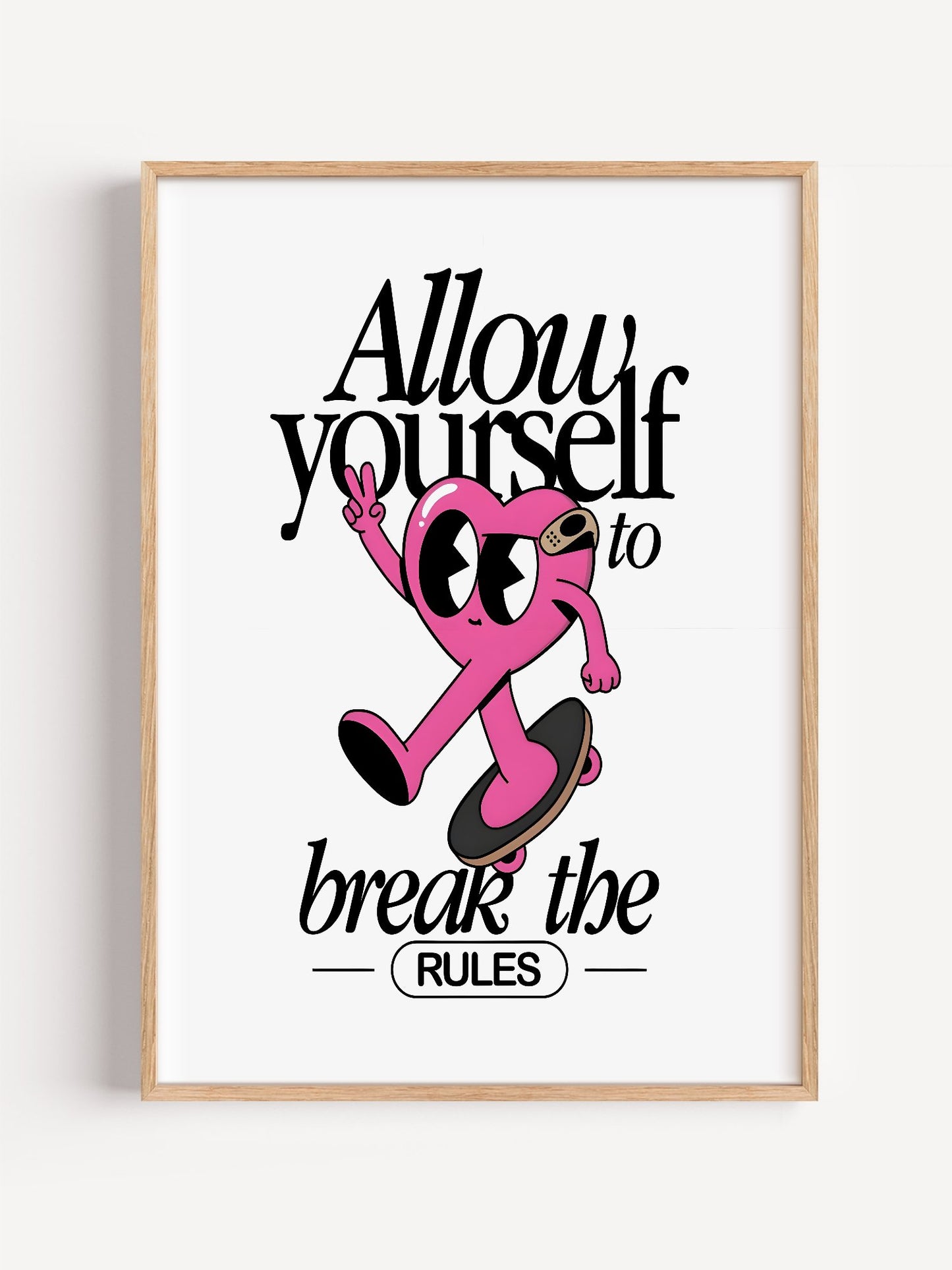 Pink heart character skateboarding with peace sign, break the rules, close-up showing print texture and color detail