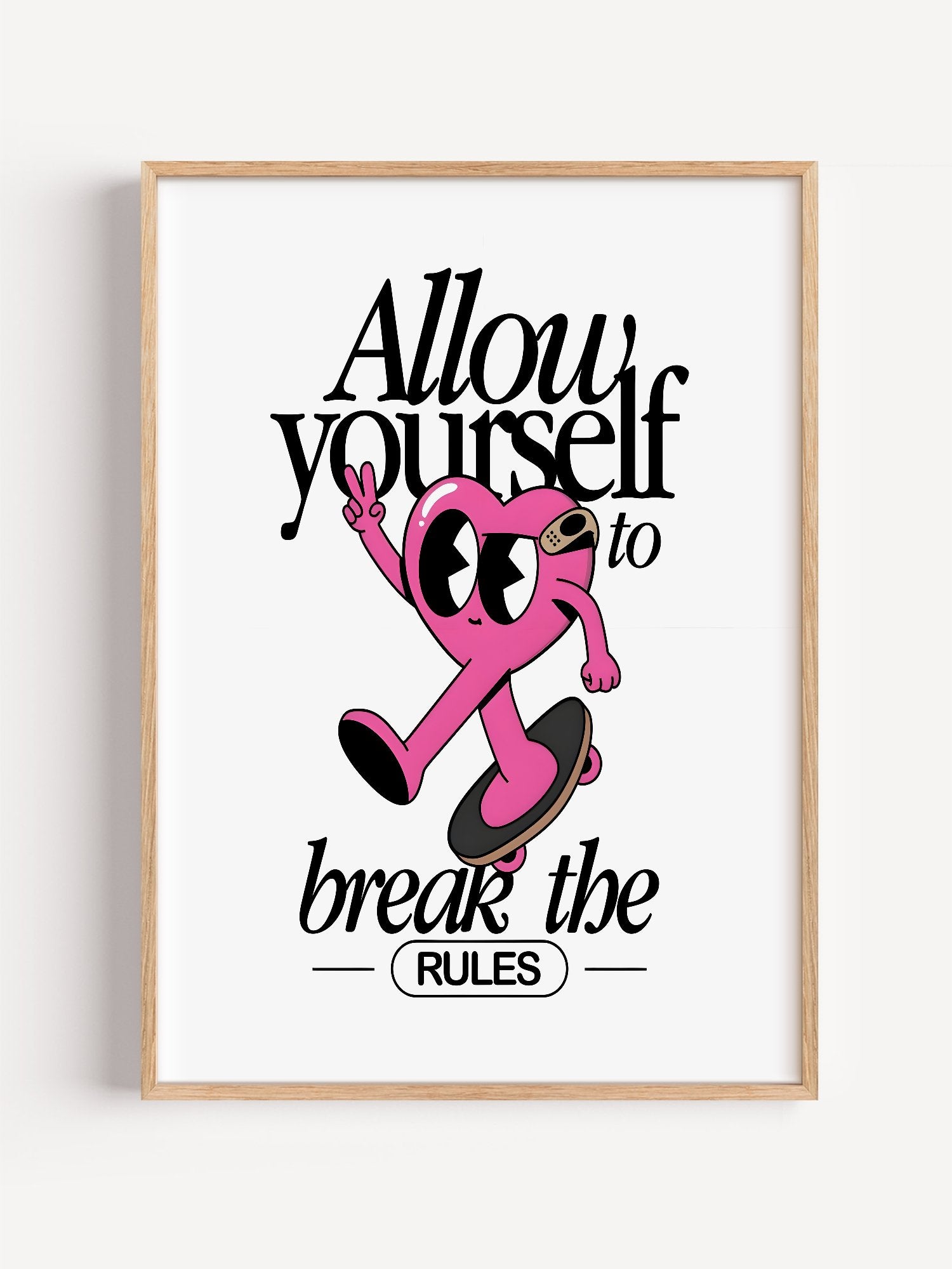 Pink heart character skateboarding with peace sign, break the rules, close-up showing print texture and color detail