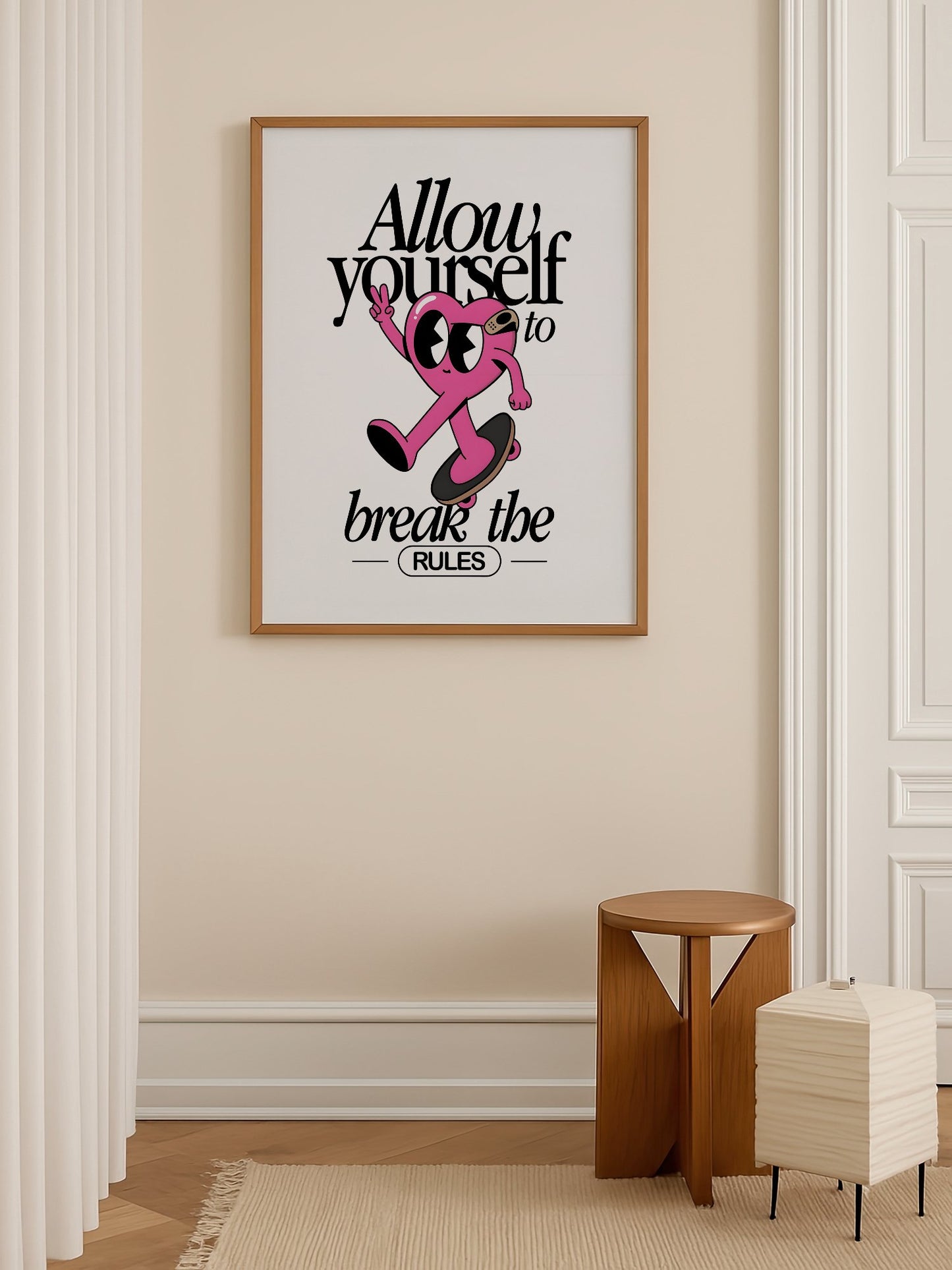 Pink heart character skateboarding with peace sign, break the rules, shown in minimalist home office space