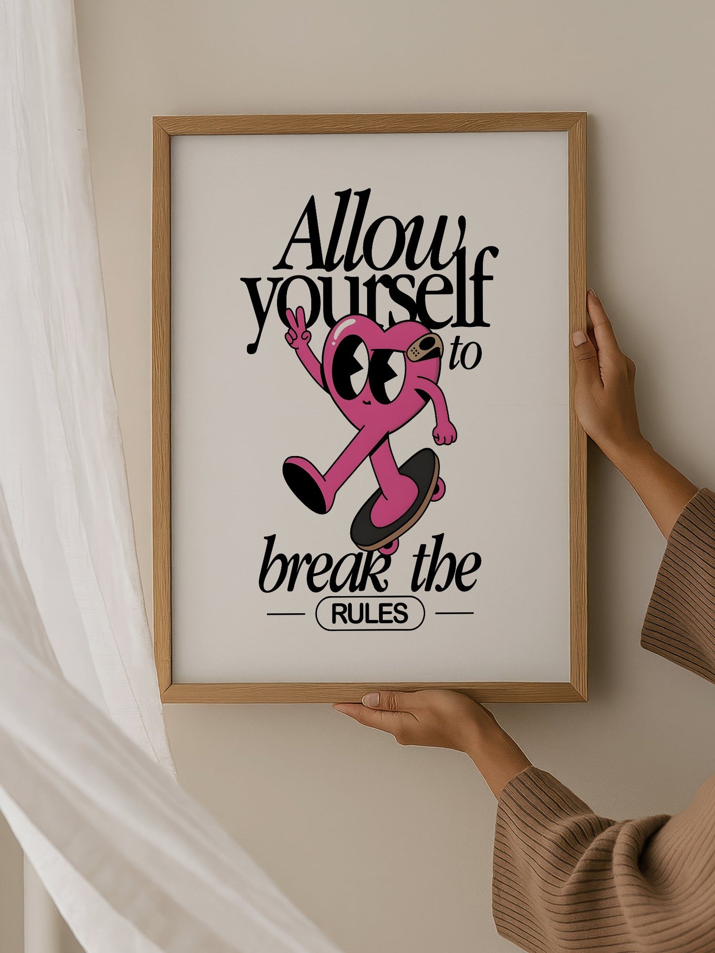 Pink heart character skateboarding with peace sign, break the rules, hanging in contemporary bedroom interior