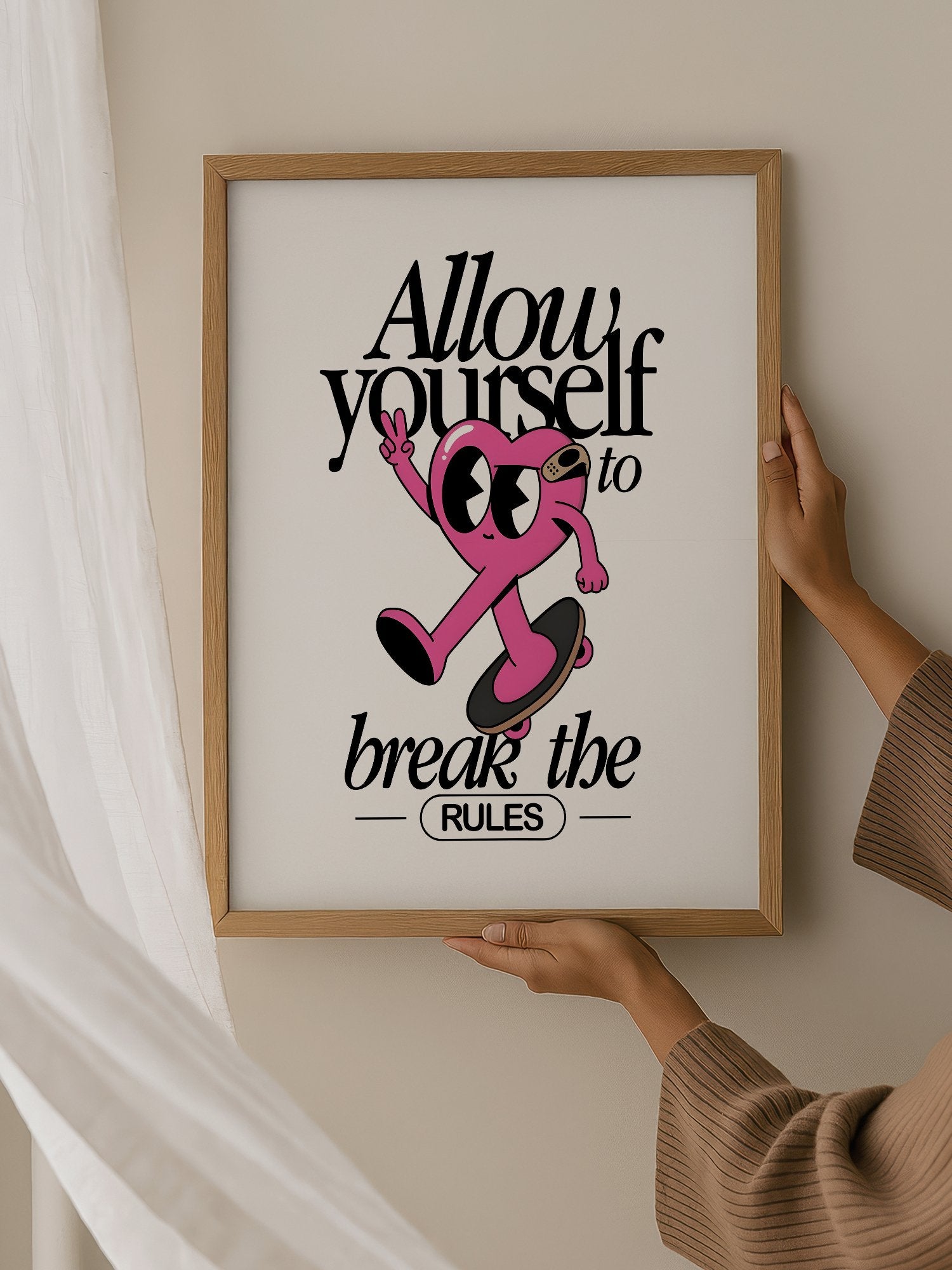 Pink heart character skateboarding with peace sign, break the rules, hanging in contemporary bedroom interior