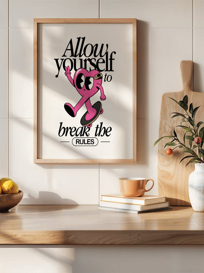 Pink heart character skateboarding with peace sign, break the rules, hanging in contemporary bedroom interior