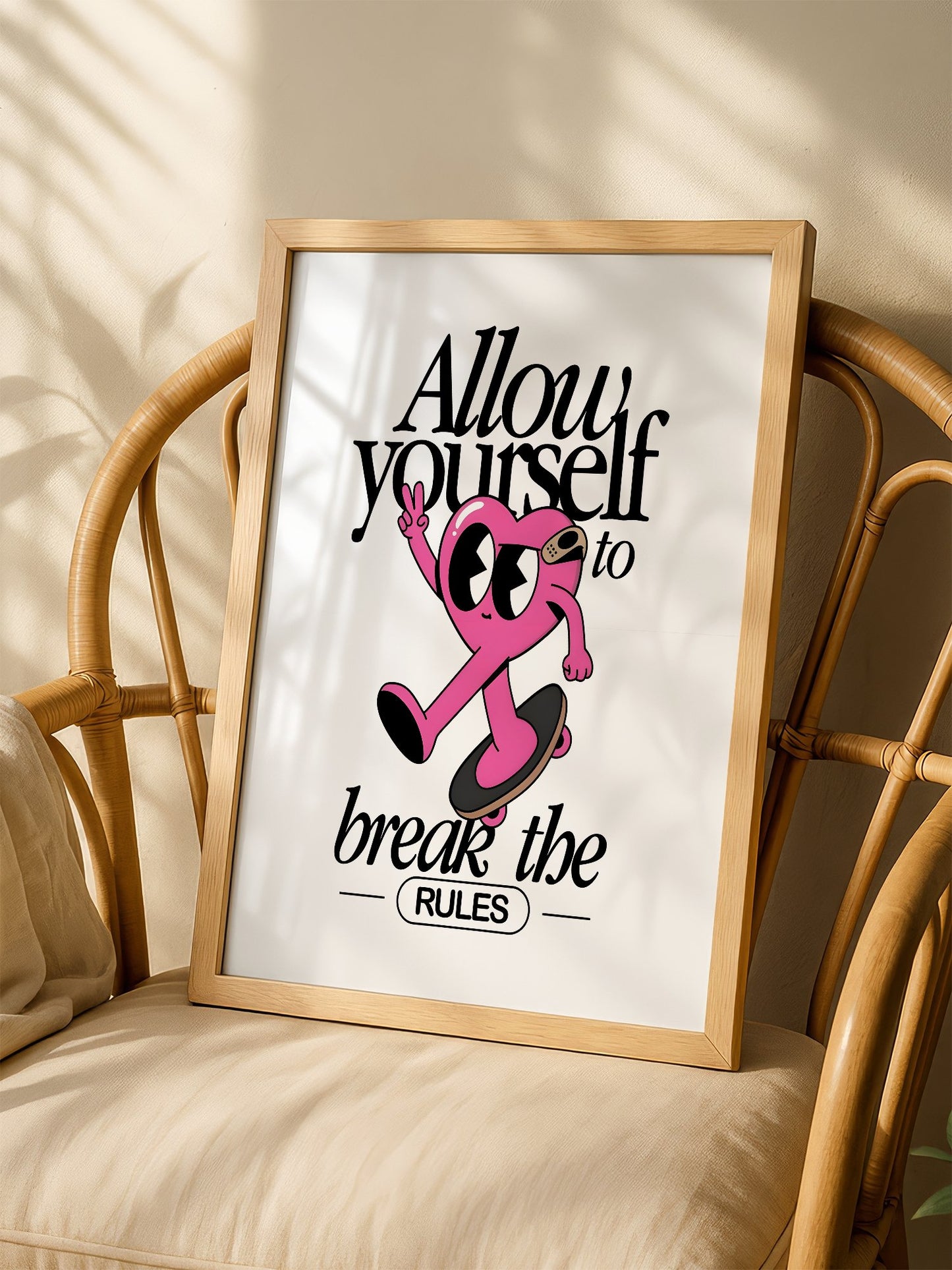 Pink heart character skateboarding with peace sign, break the rules, shown in minimalist home office space