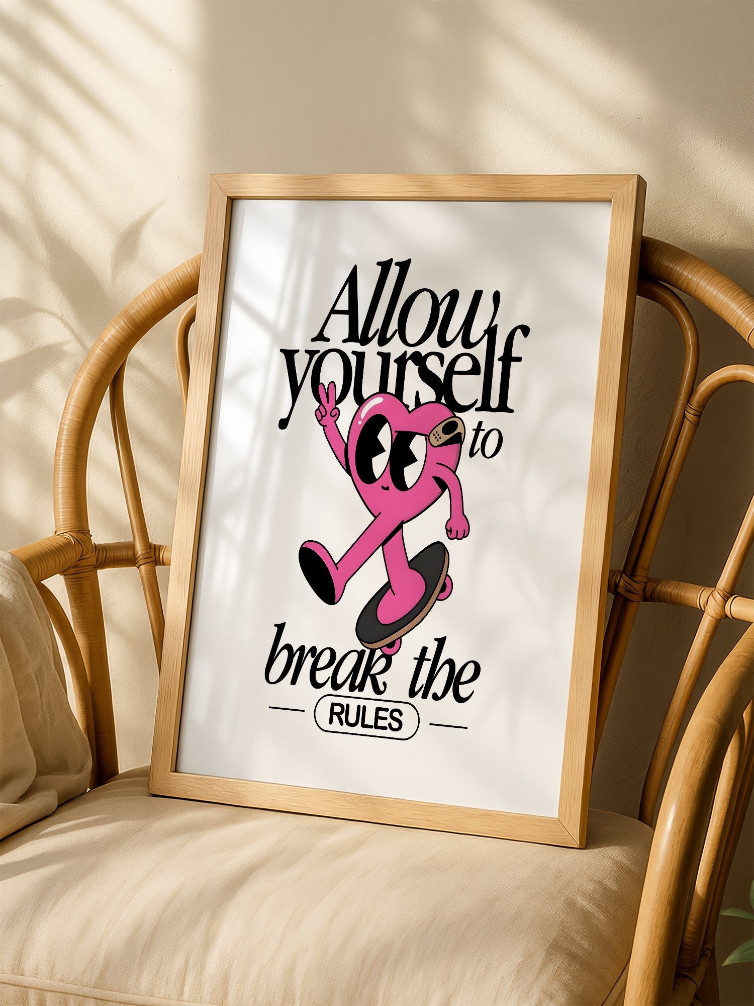 Pink heart character skateboarding with peace sign, break the rules, shown in minimalist home office space