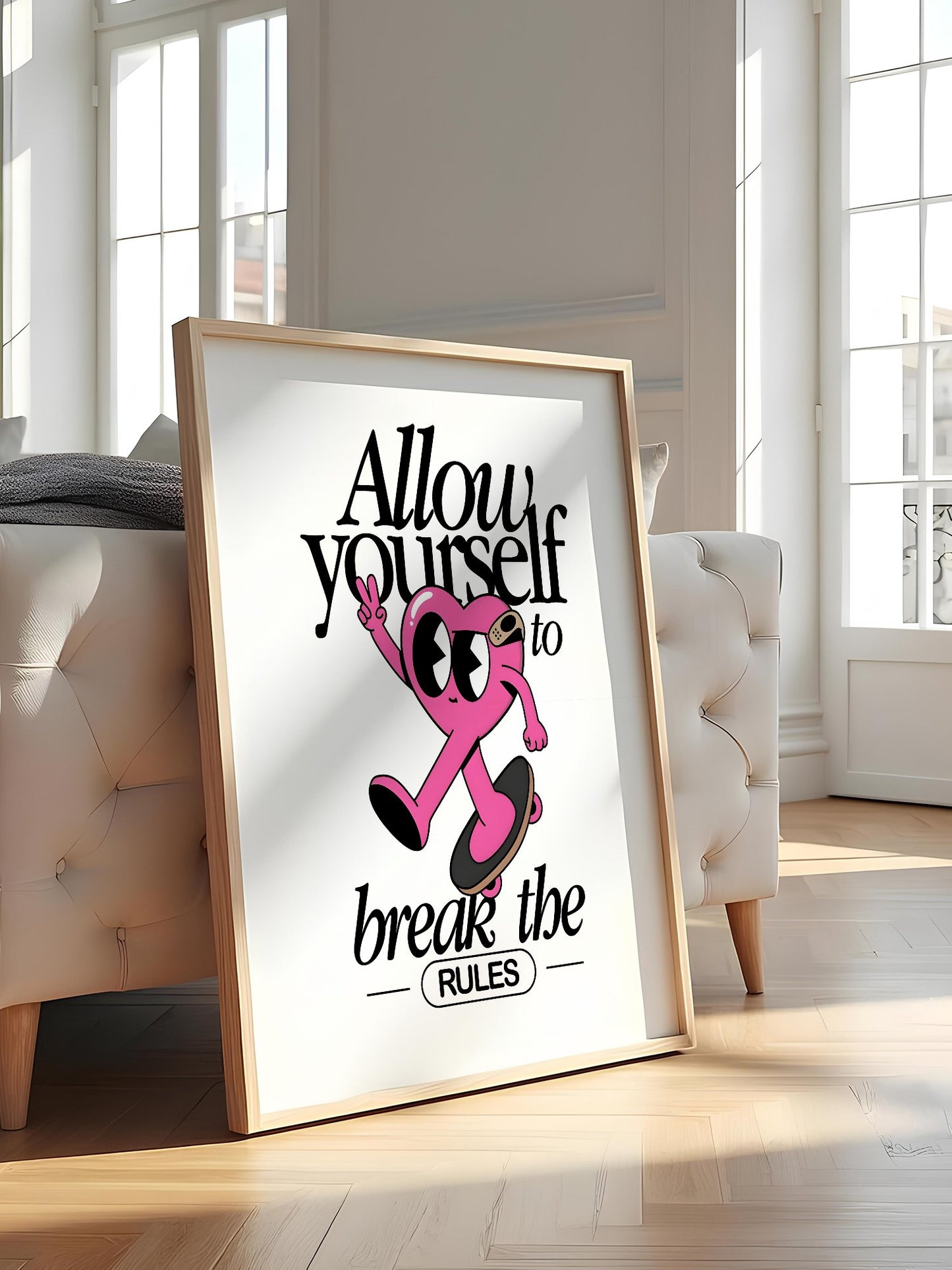 Pink heart character skateboarding with peace sign, break the rules, featured in stylish apartment decor