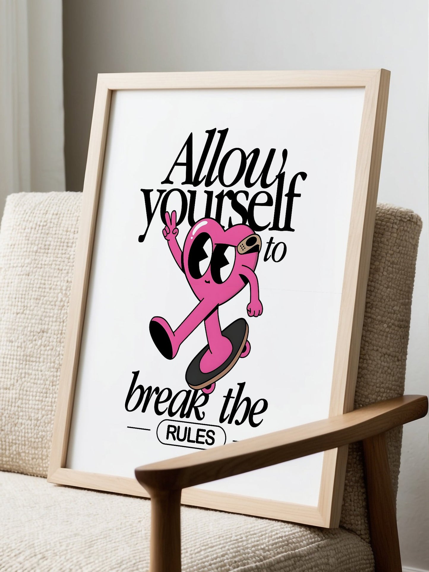Pink heart character skateboarding with peace sign, break the rules, displayed in modern living room setting