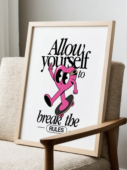 Pink heart character skateboarding with peace sign, break the rules, displayed in modern living room setting