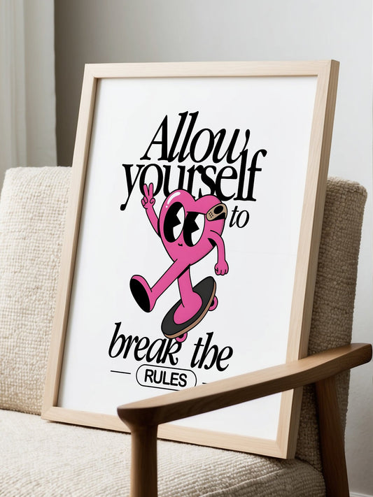 Pink heart character skateboarding with peace sign, break the rules, displayed in modern living room setting