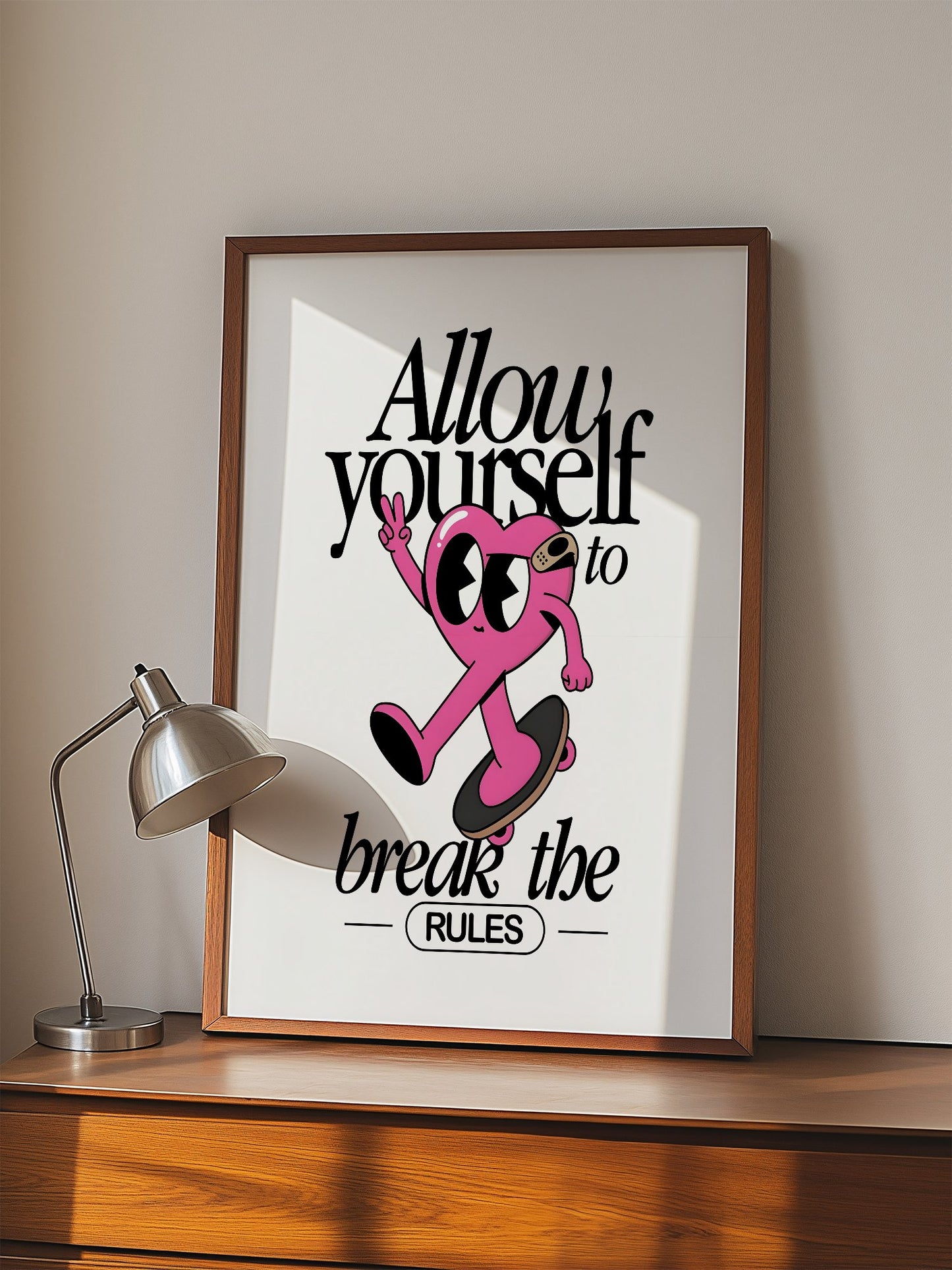 Pink heart character skateboarding with peace sign, break the rules, displayed in modern living room setting