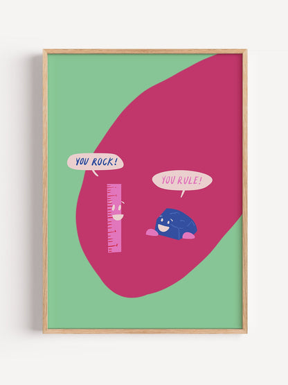 Cartoon ruler and rock character poster with 'You Rock!' and 'You Rule!' speech, close-up showing print texture and color ...