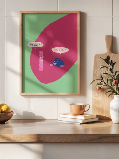 Cartoon ruler and rock character poster with 'You Rock!' and 'You Rule!' speech, hanging in contemporary bedroom interior
