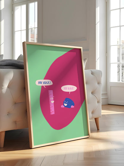 Cartoon ruler and rock character poster with 'You Rock!' and 'You Rule!' speech, featured in stylish apartment decor