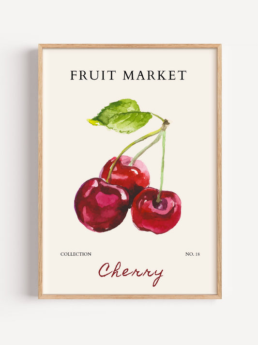 Botanical art print of three red cherries with green stems and leaves on cream, close-up showing print texture and color d...