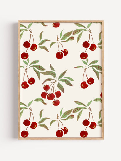 Repeating cherry botanical pattern with red fruit clusters and green leaves on, close-up showing print texture and color d...