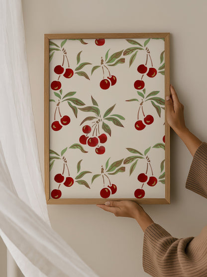 Repeating cherry botanical pattern with red fruit clusters and green leaves on, hanging in contemporary bedroom interior