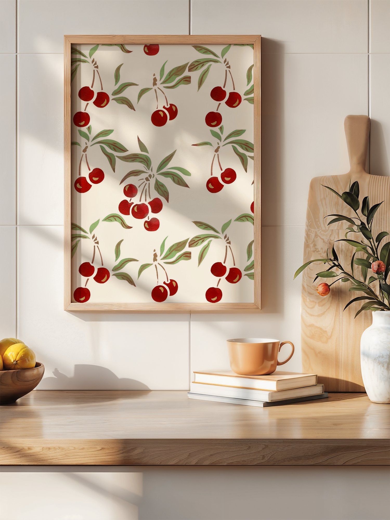 Repeating cherry botanical pattern with red fruit clusters and green leaves on, hanging in contemporary bedroom interior