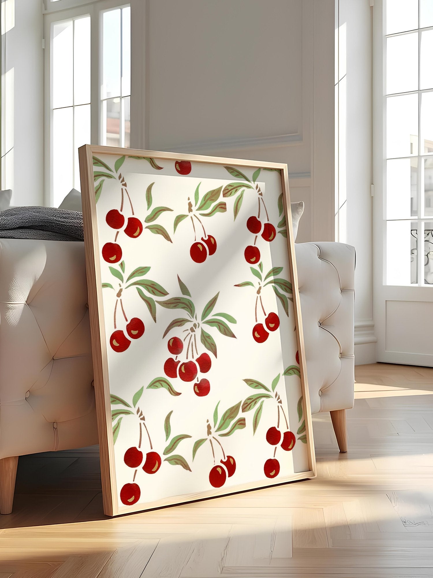 Repeating cherry botanical pattern with red fruit clusters and green leaves on, featured in stylish apartment decor