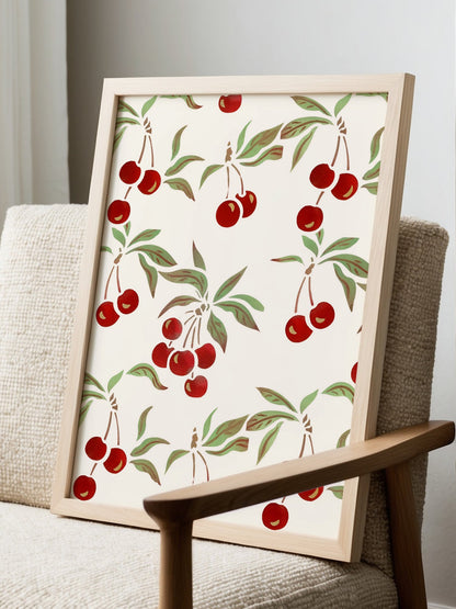 Repeating cherry botanical pattern with red fruit clusters and green leaves on, displayed in modern living room setting