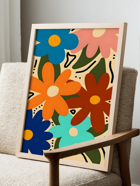 Colorful botanical art print with stylized orange, blue and red flowers, green, displayed in modern living room setting