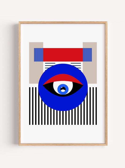 Constructivist geometric art print featuring bold blue circular face with, close-up showing print texture and color detail