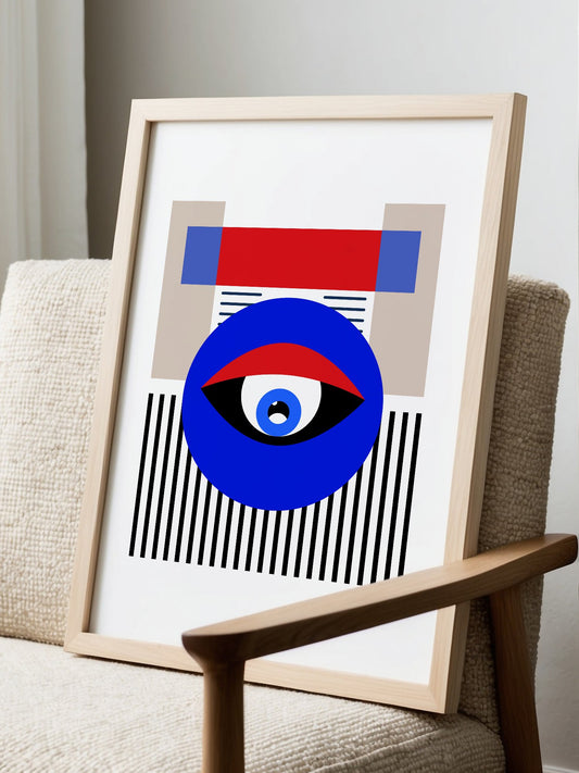 Constructivist geometric art print featuring bold blue circular face with, displayed in modern living room setting