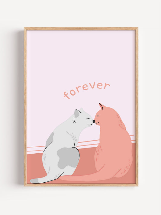 Cute cat couple illustration with 'forever' text, soft pink and grey pastel, close-up showing print texture and color detail