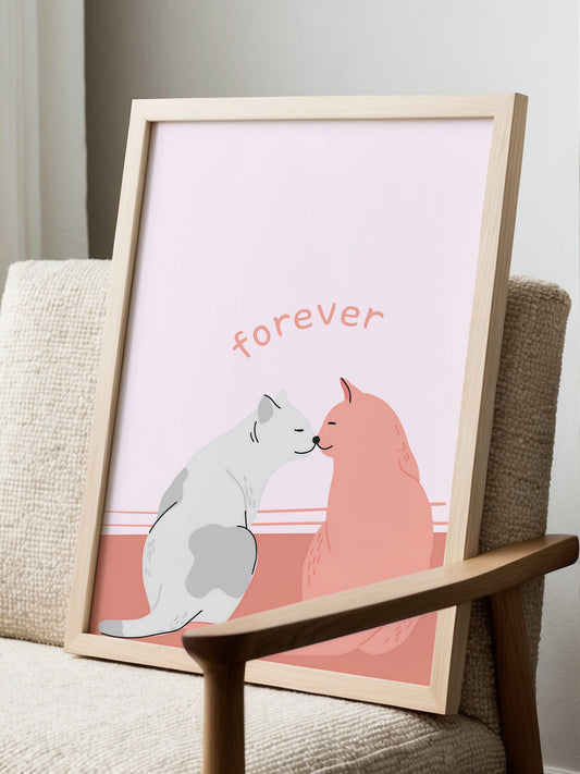 Cute cat couple illustration with 'forever' text, soft pink and grey pastel, displayed in modern living room setting