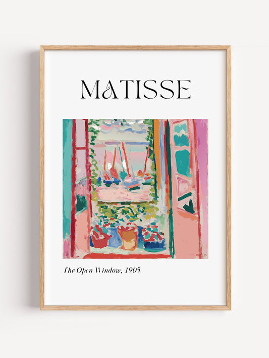 Fauvist art print of Matisse's 'The Open Window, 1905' featuring bold pink, close-up showing print texture and color detail