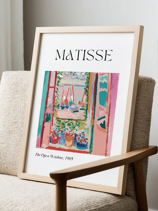 Fauvist art print of Matisse's 'The Open Window, 1905' featuring bold pink, displayed in modern living room setting