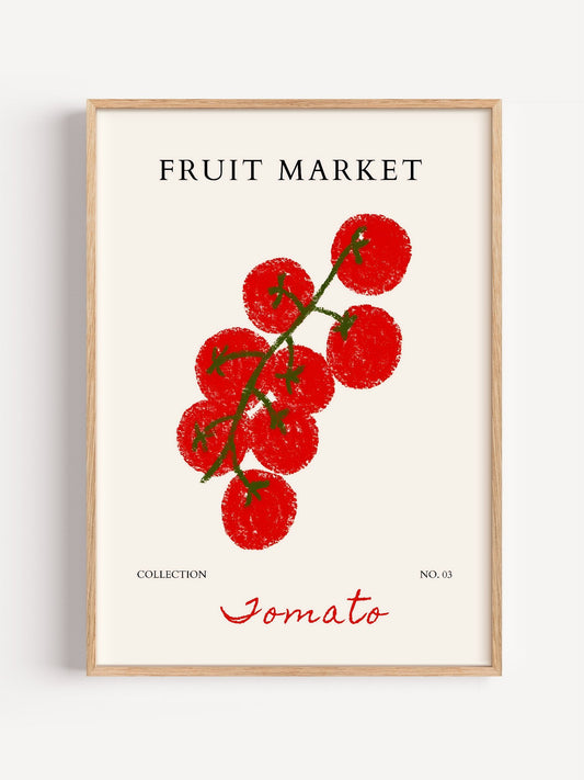 Fruit market poster featuring red tomatoes on green vine, minimalist botanical, close-up showing print texture and color d...