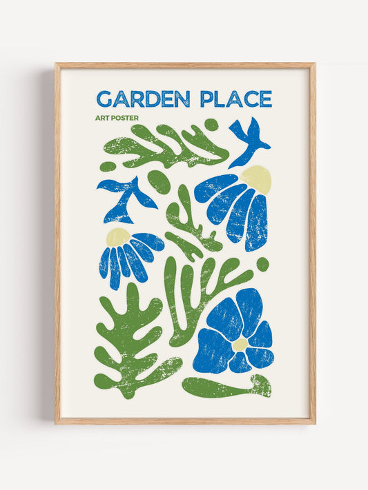 Garden Place botanical art poster with abstract blue flowers and green leaves, close-up showing print texture and color de...