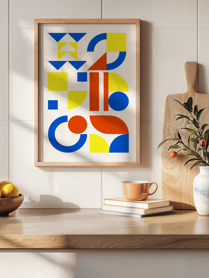 Geometric abstract wall art with blue, yellow and red triangles, circles and, hanging in contemporary bedroom interior