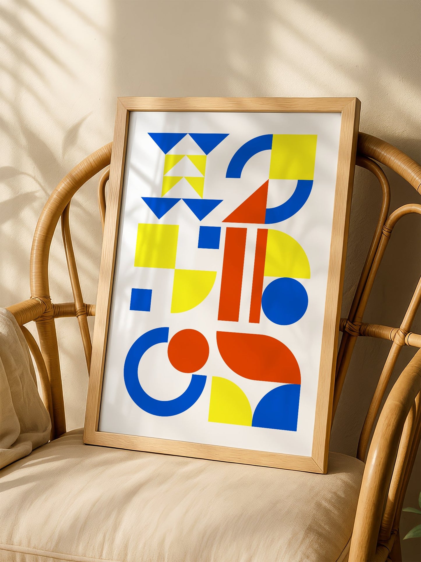 Geometric abstract wall art with blue, yellow and red triangles, circles and, shown in minimalist home office space