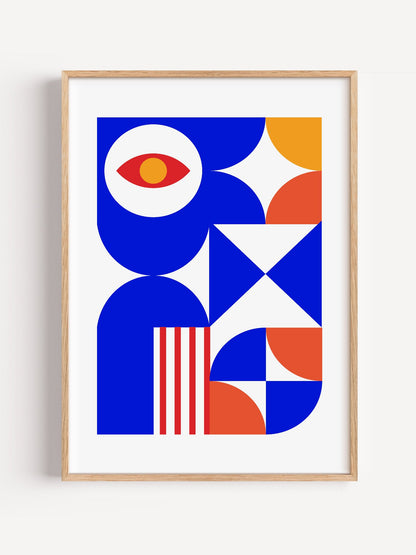 Geometric abstract art print with red eye motif, blue background, coral and, close-up showing print texture and color detail