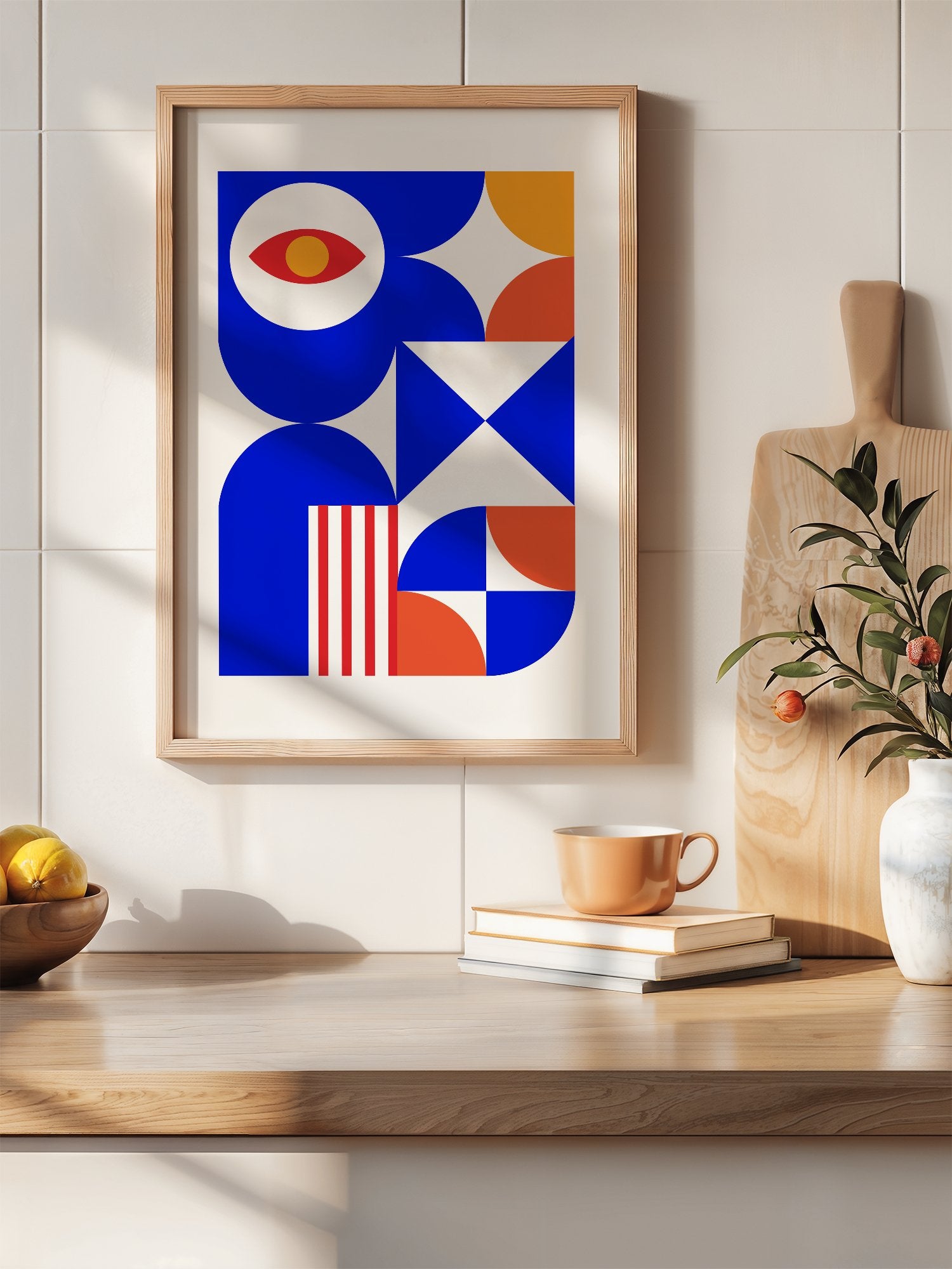 Geometric abstract art print with red eye motif, blue background, coral and, hanging in contemporary bedroom interior