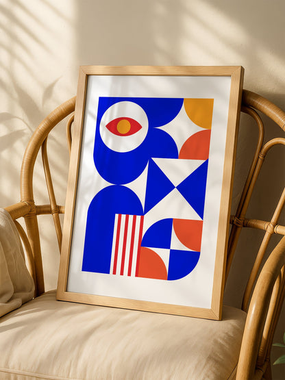 Geometric abstract art print with red eye motif, blue background, coral and, shown in minimalist home office space